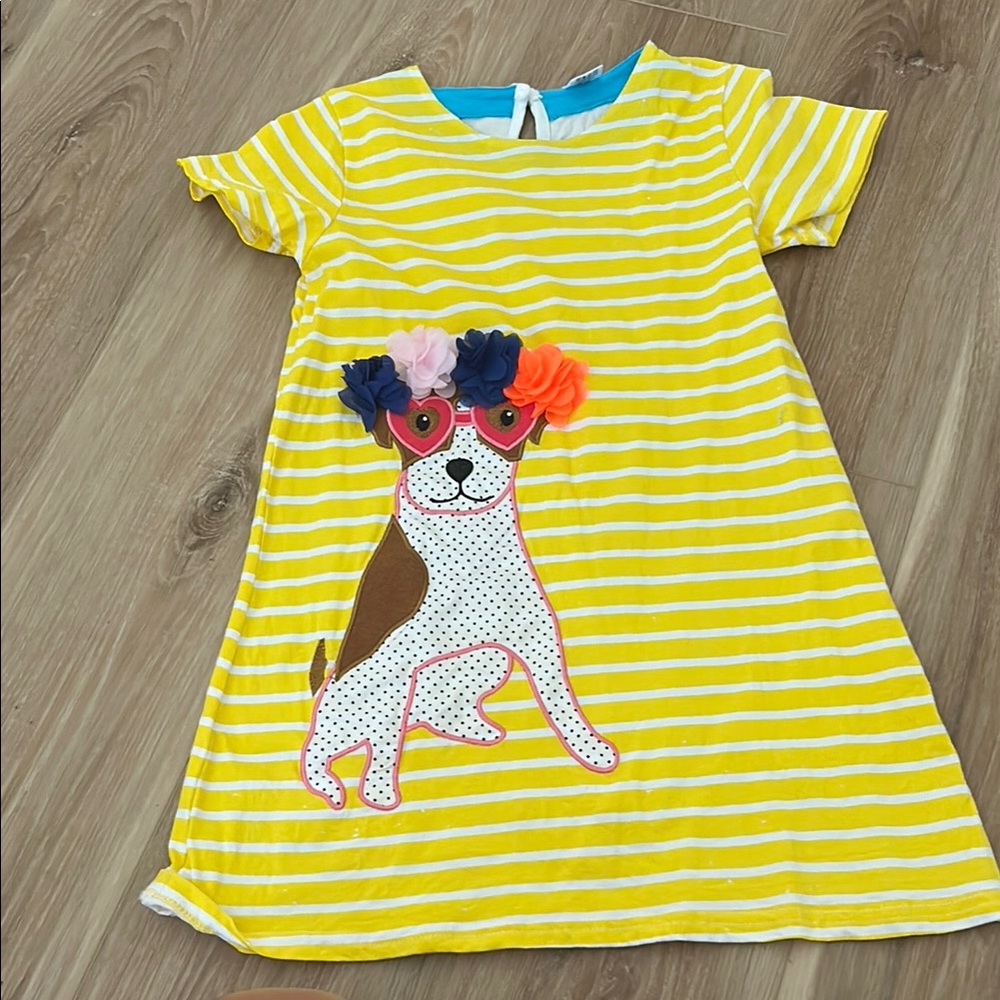 Yellow Striped Kids Dress with Dog Print